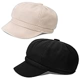 SATINIOR 2 Stück Damen Newsboy Cap Wolle Cabbie Barett Hut 8 Panels Cabbie Hut Weich Warm Achteckige Hut Visier Baskenmütze für Frauen Mädchen Beige Schw