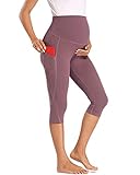 Love2Mi Trainingshose für Schwangere, 3/4 Umstands Yoga Sport Hose Schwangerschaft Jogginghose mit Taschen, Dunkelpink, S
