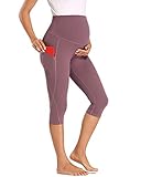 Love2Mi Trainingshose für Schwangere, 3/4 Umstands Yoga Sport Hose Schwangerschaft Jogginghose mit Taschen, Dunkelpink, S