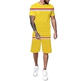 Mens 2022 Sportswear 2 Teiliger Trainingsanzug Outdoor Kurzarm Kontrast Gestreifte Polos T Shirts Und Shorts Sommer Set(40-Gelb,L)