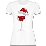 Weihnachten & Silvester Geschenke Party Deko - Weinglas mit Weihnachtsmütze - S - Weiß - Shirt mit weinglas - L191 - Tailliertes Tshirt für Damen und Frauen T-S