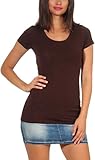 Jela London Damen Longshirt T-Shirt lang Stretch Rundhals Kurzarm einfarbig sexy eng-anliegend, Dunkelbraun 38-40 (XL)