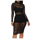 Ghemdilmn Damen Sexy Mesh See Through Ruched Long Sleeve Midi Dress Spaghetti Strap Crop Top and Shorts 3Pcs O