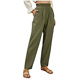 Leinenhose Länge Freizeithose Damen Leichte Bequem Langhosen Elastischer Bund Stoffhose Hohe Taille Strandhosen Mit Taschen Baumwolle Leinen Pumphose Elegant Business Lang Hose Stretch F