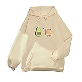 Briskorry Damen Langarmshirt Niedlich Cartoon Muster Pullover mit Känguru-Vordertasche Herbst Winter Kapuzenpullover Oversized Mode Bequem Oberteil mit Kordelzug Lang