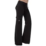 Petalum Damen Yogahosen Sporthose Jogginghose Lange Elastische Bootcut Hose Weite Bein Freizeithose Pants mit Tunnelzug mehrere Taschen Fitness Streetwear (36-38, schwarz)