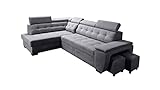 Robin Grand Ecksofa mit Schlaffunktion, Schlafsofa mit Bettkasten und Zwei Hocker, Freistehendes Eckcouch in L-Form, verstellbare Kopfstützen, Polstergarnitur S