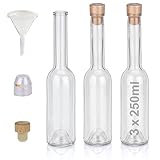 Flaschen Set 3 x 250ml hochwertige Glasflaschen leer mit Korken Schrumpfkapseln & 1 Trichter zum selbst Befüllen mit Gin Whisky Schnaps Likör Essig Öl günstige Flaschen Ginflaschen Whisky