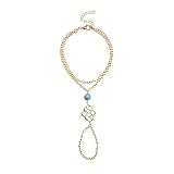 AmDxD Böhmisch Ringe Armband Basteln, Doppelschicht Kette Retro Armband Ringe mit Türkis, Vergoldet Armschmuck Damen, Gold, 24CM Läng