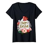 Damen Frohe Osterhase, bunte Blumen und Ei T-Shirt mit V