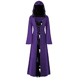 Lazzboy Weihnachten Kostüm Damen Plus Size Christmas Elch Hooded Lace Up Patchwork Langarm Kleid Renaissance Robe Zum Schnüren Mittelalter Mit Kapuze Retro Gothic Cosplay Karneval (XL,Violett)