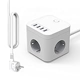ELYKEN 3m Steckdosenleiste mit USB, 3-Fach Mehrfachsteckdose Cube, dreiersteckdose mit Überspannungsschutz ,flachstecker, Mehrfachstecker Verlängerungskabelfür Haus, Büro, Weiß