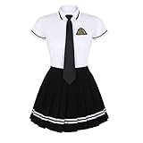 Freebily Damen Mädchen Schulmädchen Uniform Anzug Cosplay Kostüm Anime Uniform Kurzarm T-Shirt Top und Faltenrock mit Krawatte Set Weiß&Schwarz Larg