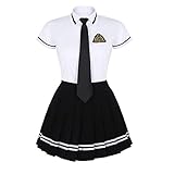 TiaoBug Damen Schulmädchen Kostüm 3er Set Kurzarm Hemd+Faltenrock+ Krawatte Schoolgirl Outfit Uniform Cosplay Karneval Fasching gr. S-XXXL Weiß&Schwarz L