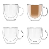 Set mit 4 Glas-Kaffeetassen, doppelwandige Glas-Kaffeetassen mit Griff, doppelwandige Glas-Tassen für Espresso, Latte, Cappuccino (150 ml)