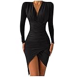 Sexy V Ausschnitt Cocktailkleid Damen Figurbetontes Wickelkleid Cocktailkleid Midi Club Kleid Falten Slim Minikleid Langarm Festlich Kleid Winter Elegant Abendkleid Kurz Partykleid Split Ballk