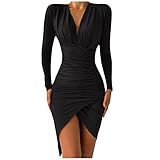 Sexy V Ausschnitt Cocktailkleid Damen Figurbetontes Wickelkleid Cocktailkleid Midi Club Kleid Falten Slim Minikleid Langarm Festlich Kleid Winter Elegant Abendkleid Kurz Partykleid Split Ballk