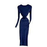 Elegantes Strickkleid für Damen, helle Seide, Midi-O-Ausschnitt, elastisches Strick, figurbetont, langes Kleid, dunkelblau, Einheitsgröß