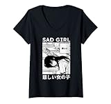 Damen Japanisches trauriges Anime-Mädchen schläft in der Schule T-Shirt mit V