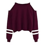 YEBIRAL Pullover Damen Bauchfrei, Teenager Mädchen Gestreifte Pulli Langarmshirt Schulterfrei Kurz Crop Tops Oberteile Shirt Sweatshirt (Violett, S)