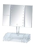 WENKO LED-Standspiegel mit Organizer Fanano - Kosmetikspiegel, Leucht-Spiegel, 300 % Vergrößerung, Kunststoff, 34.5 x 39 x 16.5 cm, Weiß