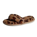 Frauen Hausschuhe, Frauen Leopard Cross Band Weiche Plüsch Flauschige Hausschuhe Open Toe Warme Schlafzimmerschuhe Plüsch Pantoffeln mit Weiche Memory Foam Slippers Winter Indoor/Outdoor R