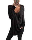 kenoce Tshirt Damen Langarm Tunika Shirt Basic Longshirts V-Ausschnitt Asymmetrischer Oberteile Casual Sexy Tops Bluse A-Schwarz XL