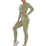 OEAK Damen Sportanzüge Jogginganzug Sport Sets Hosen und Sport Crop Top 2 Stücke Bekleidungssets Yoga Outfit Freizeitanzug Sportswear,Armeegrün C,S