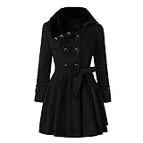 Winter Mantel für Damen Lang Wollmantel Damen Warm Wolle Erbsenmantel Trenchcoat mit Gürtel und Zweireiher Revers Fleecejacke gefütterte Winterjacke Übergangsjacke W