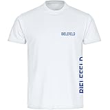 VIMAVERTRIEB® Kinder T-Shirt Bielefeld - Brust & Seite - Druck:blau - Shirt Jungen Mädchen Fußball Fanshop Fanartikel - Größe:176 weiß