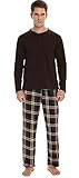 Vlazom Herren Pyjama Set Lang Zweiteiliger Schlafanzug Herren Kariert Flanell Hose und einfärbiger T-Shirt(XL,Stil B-Dunkelbraun Top+Braun Karierte Hose)