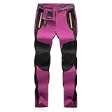 Facai Schnelltrocknende Damenhose, wasserdichte Softshellhose Mit Reißverschlusstaschen, Bequeme Dünne Outdoor-Wanderhose,Rosered-XXL