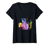 Damen 3 Pferde bunte Aquarellmalerei niedliche Pferdeliebhaber T-Shirt mit V