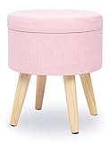 Pouf Hocker mit Stauraum Sitzhocker Rund Kleiner Sofa Puff Hocker Fußbank aus Leinen und Massivholz mit Deckel Rosa Pink
