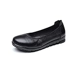 Hushuigeeewnj Womens Akleid Schuhe, Einfache echtes Leder Flache Arbeitsschuhe Frauen Ballett Wohnungen Fester runde Spitze rutschfeste weiche Bequeme Damen Schuhe (Color : Black, Shoe Size : 36)