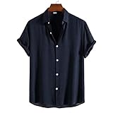Gerfrwet T-Shirt Kurzarm Herren Mode Trend Lässig Einfarbig Revers Kurzarmhemd XL Dunkelb