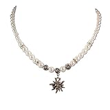 Trachtenkette Strass-Edelweiß klein & Perlen - Damen Perlenkette, Dirndlkette fürs Oktoberfest, Trachtenschmuck Kristallstein Edelweiss zur Trachtenbluse und Lederhose (creme-weiß)