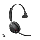 Jabra Evolve2 65 Wireless PC Headset – Noise Cancelling Microsoft Teams Zertifizierte Mono Kopfhörer mit langer Akkulaufzeit – USB-A Bluetooth Adapter – Schw