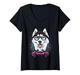Damen Gaming-Player, sibirischer Husky, Videospieler, Hundeliebhaber T-Shirt mit V