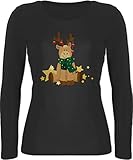 Weihnachten & Silvester Geschenke Party Deko - süßer Elch - L - Schwarz - Damen Weihnachten Langarmshirt - BCTW071 - Langarmshirt D