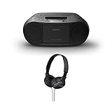 Sony Stereo CD/Kassette Boombox Home Audio Radio (schwarz) mit Sony ZX110 Over-Ear Dynamic Stereo Kopfhörer (schwarz) Bundle (2 Stück)