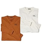 ATLAS FOR MEN - Set aus 2 T-Shirts mit blauem und gelbem tunesischem Kragen für Herren. Lange Ärmel. T-Shirt aus Baumwolle.Verfügbar in großen Größen von M bis 5XL