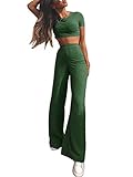 Minetom Damen 2 Stücke Set Outfit Sport Yoga Fitness Bodycon Slim Jogginganzug Sportanzüge Jumpsuit Sommer Kurzarm Crop Top + Leggings Hose Grün 40