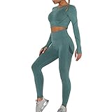 Shujin Damen Trainingsanzug Jogginganzug aus Langarm Crop Top mit Hoher Taille Leggings Nahtlos Sportanzug 2 Stücke Outfits Yoga Gym Enge Sportanzüge (A Grün,S)
