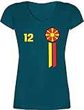 Fussball WM 2022 Fanartikel - 12. Mann Nord-Mazedonien Emblem - XXL - Türkis - Nationalmannschaft - XO1525 - Damen T-Shirt mit V