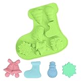 Housolution Silicone Baking Maker, Christmas Stocking Pattern Chocolate Maker for Cake Ice Butter Pudding, Bakeware Set with 7 Pits Ice Cream Santa Claus Snowflake Stocking Gift Tree, Hell Grü