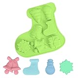 Housolution Silicone Baking Maker, Christmas Stocking Pattern Chocolate Maker for Cake Ice Butter Pudding, Bakeware Set with 7 Pits Ice Cream Santa Claus Snowflake Stocking Gift Tree, Hell Grü