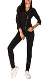 EGOMAXX Damen Jeans Anzug Overall Biker Jumpsuit Hosenanzug Einteiler Asymmetrisch, Farben:Schwarz, Größe:42