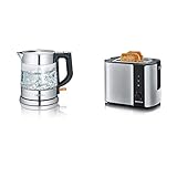 SEVERIN WK 3468 Glas-Wasserkocher (ca. 2.200 W, 1 L) edelstahl/schwarz & Automatik-Toaster, Inkl. Brötchen-Röstaufsatz, 2 Röstkammern, 800 W, AT 2589, Edelstahl/Schw