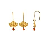Nature d'Ambre – Ohrringe Ginkgo Blatt mit Kugel Bernstein Cognac, Silber 925/1000, vergoldet (31318242)